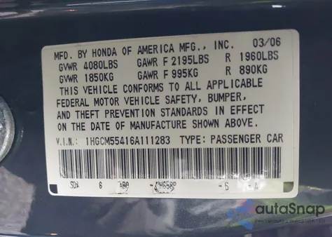 2006 Honda Accord 2.4 Lx из США, поврежденный, VIN 1HGCM55416A111283